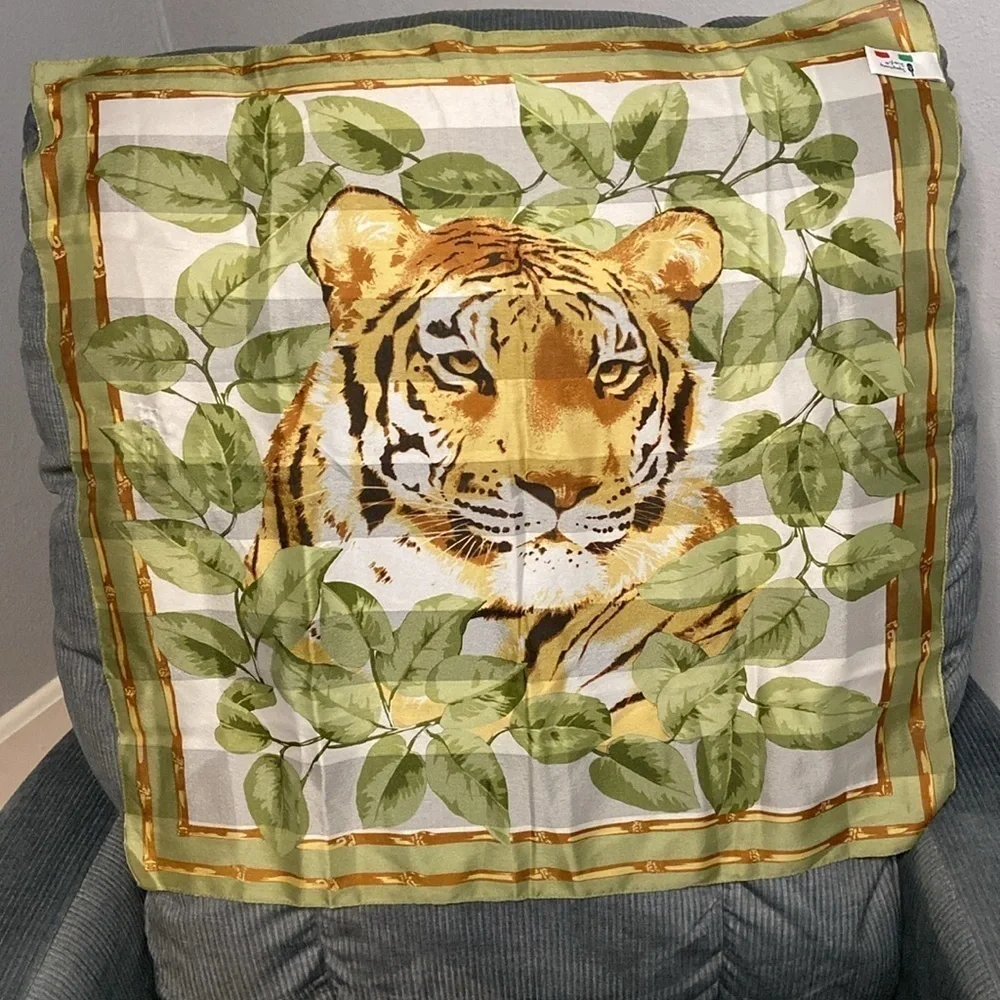 Symphony Scarfs Tiger With Greenery Print Made In Italy Green Brown Cream